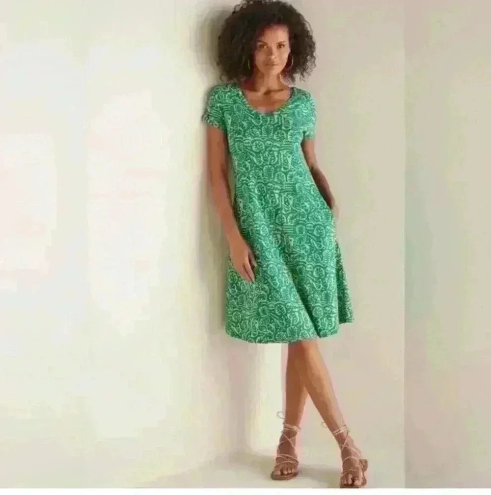 Soft Surroundings Women's 1X Green Palm Leaf Print Dress w/ Pockets - Picture 3 of 10